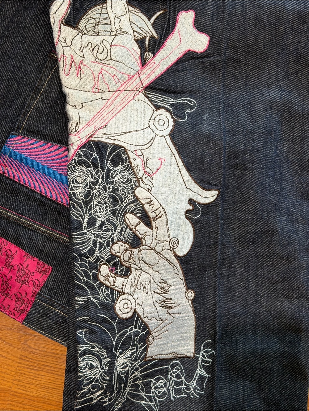 Class Player Y2K Embroidered Jeans Dark Indigo Pink Bone Grunge Punk Cyber Sz 40
